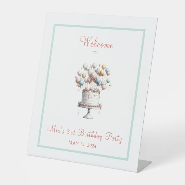 Surrealist Birthday Cake & Balloons Willkommen Sockelschild (Vorderseite)