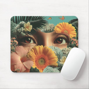 Surrealistische Augen und Blumen mit Schmetterling Mousepad