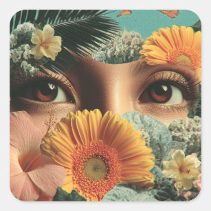 Surrealistische Augen und Blumen mit Schmetterling Quadratischer Aufkleber
