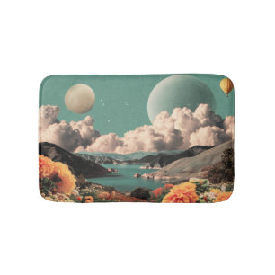 Surrealistische Berglandschaft mit Planeten und Wo Badematte