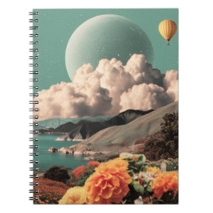 Surrealistische Berglandschaft mit Planeten und Wo Notizblock