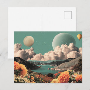 Surrealistische Berglandschaft mit Planeten und Wo Postkarte