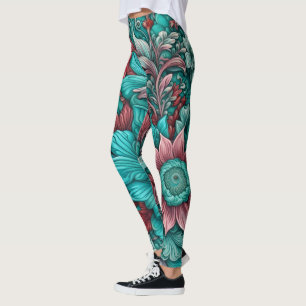 Surrealistische Blumen, cyanblaue rote und rosa  Leggings