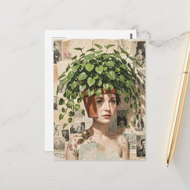 Surrealistische Blumentopf-Frau Postkarte (Vorderseite/Rückseite Beispiel)