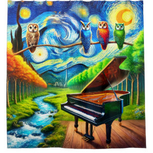 Surrealistische Eulen Klavier Traumlandschaft Duschvorhang