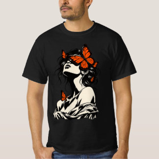 Surrealistische Frau mit orangen Schmetterlingen R T-Shirt
