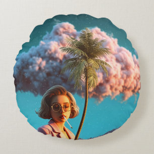 Surrealistische Frau mit Palme Rundes Kissen