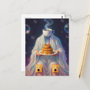 Surrealistische Frühstückspfannkuchen-Geister mit Postkarte