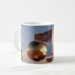Surrealistische geometrische Komposition mit golde Kaffeetasse