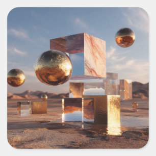 Surrealistische geometrische Komposition mit golde Quadratischer Aufkleber