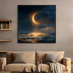 Surrealistische goldene Mondsichel über dem Ozean Leinwanddruck