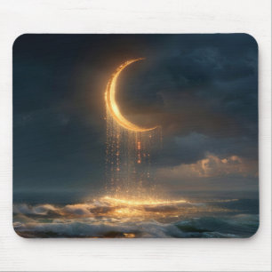 Surrealistische goldene Mondsichel über dem Ozean Mousepad