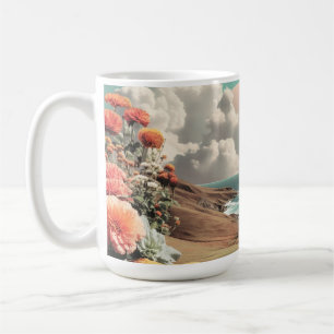 Surrealistische Küstenlandschaft mit Blumen und Wo Kaffeetasse