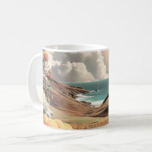Surrealistische Küstenlandschaft mit Blumen und Wo Kaffeetasse