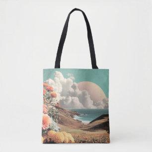 Surrealistische Küstenlandschaft mit Blumen und Wo Tasche