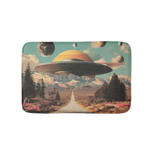 Surrealistische Landschaft mit Straße, UFO und Sat Badematte