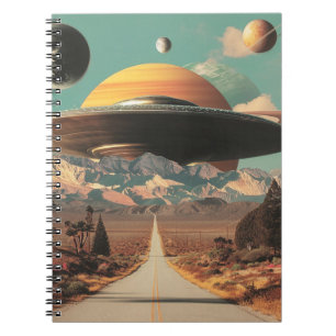 Surrealistische Landschaft mit Straße, UFO und Sat Notizblock