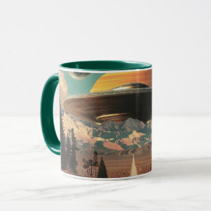 Surrealistische Landschaft mit Straße, UFO und Sat Tasse