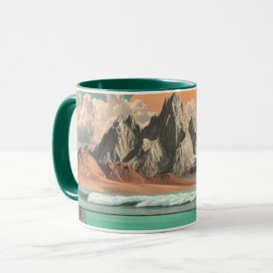 Surrealistische Meeres- und Berglandschaft mit Wel Tasse