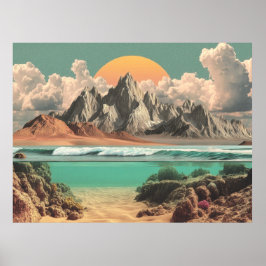 Surrealistische Ozean- und Berglandschaft mit Well Poster