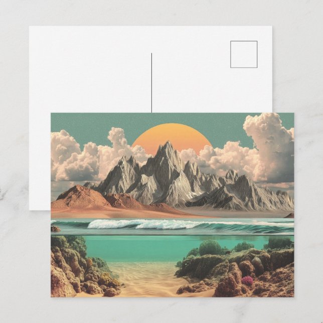 Surrealistische Ozean- und Berglandschaft mit Well Postkarte (Vorne/Hinten)