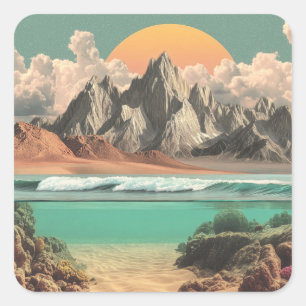 Surrealistische Ozean- und Berglandschaft mit Well Quadratischer Aufkleber