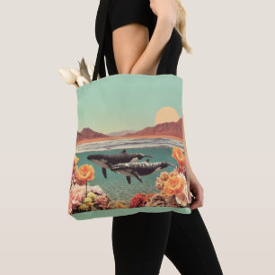 Surrealistische Ozeanszene mit Walen und Korallen Tasche