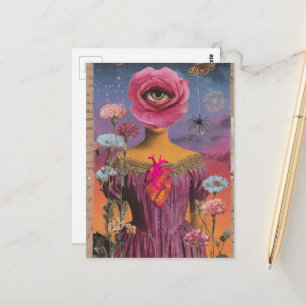 Surrealistische Pink Flower Lady Collage Postkarte