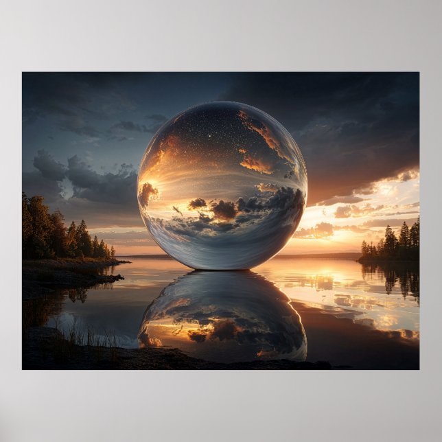 Surrealistische reflektierende Kugel mit Sonnenunt Poster (Vorne)