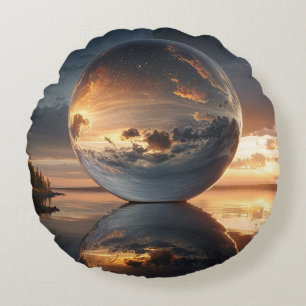 Surrealistische reflektierende Kugel mit Sonnenunt Rundes Kissen