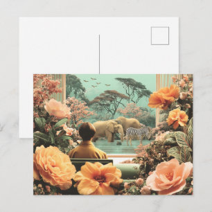 Surrealistische Safari-Szene mit Elefanten Zebras Postkarte