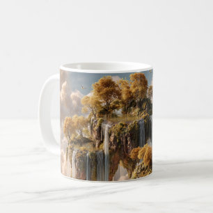 Surrealistische schwebende Inseln mit goldenen Bäu Kaffeetasse