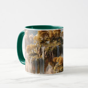 Surrealistische schwebende Inseln mit goldenen Bäu Tasse