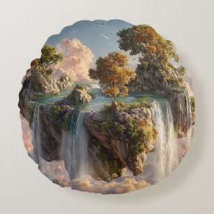 Surrealistische schwebende Klippen mit Wasserfälle Rundes Kissen