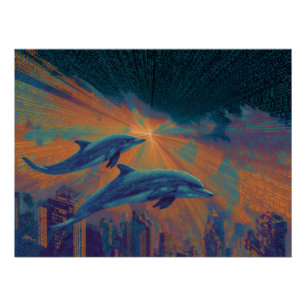 Surrealistische Stadtsonne mit fliegenden Delfinen Poster