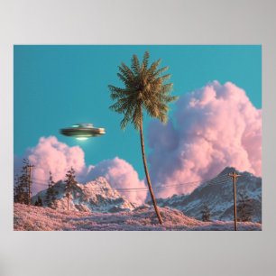 Surrealistische UFO- und Palmenberg-Szene Poster