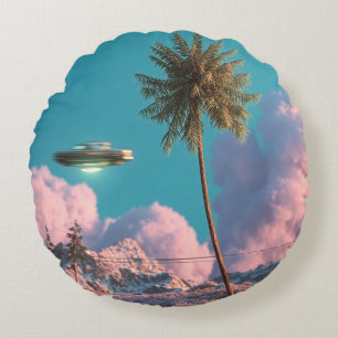 Surrealistische UFO- und Palmenberg-Szene Rundes Kissen