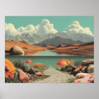 Surrealistische Wüste und See mit Goldfischen
