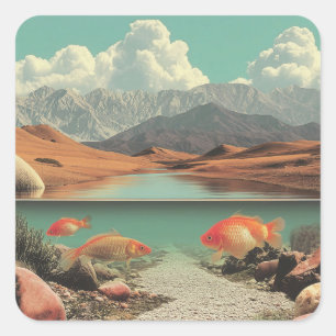 Surrealistische Wüste und See mit Goldfischen Quadratischer Aufkleber
