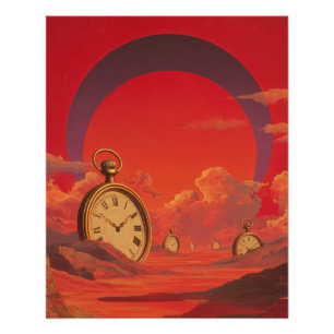 Surrealistische Wüsten-Uhr Rote Traumlandschaft Ku Poster