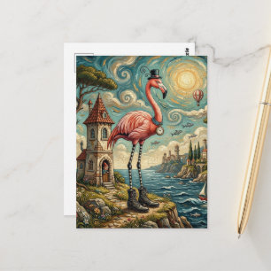 Surrealistischer rosa Flamingo in Stiefeln am Stra Postkarte
