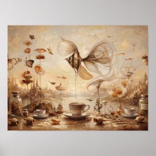 Surrealistisches Flugfisch- und Teetassen-Gemälde Poster