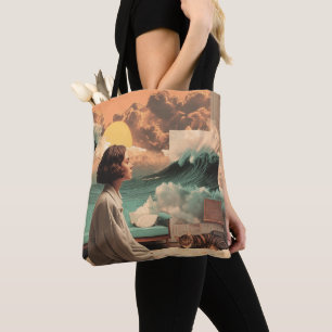 Surrealistisches Interieur mit Frau und Katze Tasche