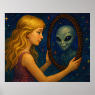Surrealistisches Mädchen hält Spiegel mit Alien-Re Poster