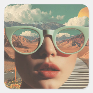 Surrealistisches Porträt mit Brille, die Wüste wid Quadratischer Aufkleber