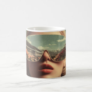 Surrealistisches Porträt mit Sonnenbrille, die Blu Kaffeetasse