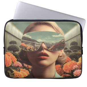 Surrealistisches Porträt mit Sonnenbrille, die ein Laptopschutzhülle