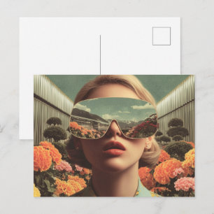 Surrealistisches Porträt mit Sonnenbrille, die ein Postkarte