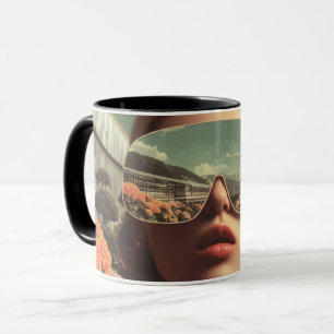 Surrealistisches Porträt mit Sonnenbrille, die ein Tasse