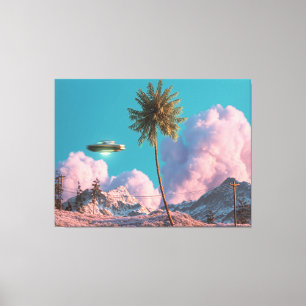 Surrealistisches UFO- und Palmenberg-Szenario Leinwanddruck